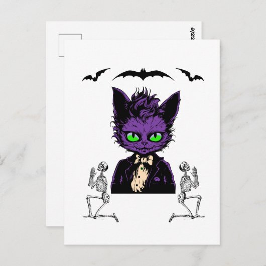 Paarse Halloween Kat met Vleermuizen en Skeletten Briefkaart (Voorkant / Achterkant)