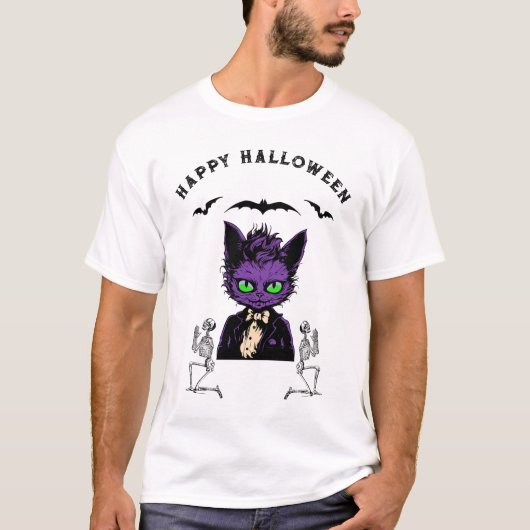 Paarse Halloween Kat met Vleermuizen en Skeletten T-shirt (Voorkant)