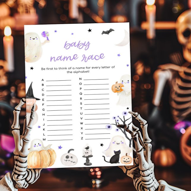 Paarse Halloween Little Boo Baby Naam Race Game (A Little Boo Baby Shower Baby Name Race Game)