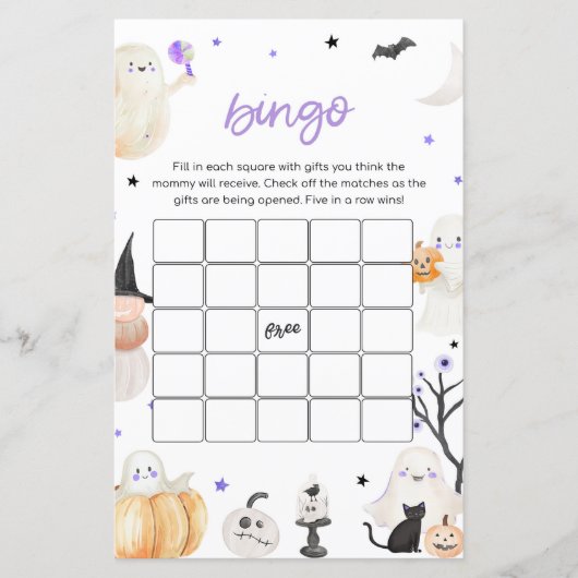 Paarse Halloween Little Boo Baby shower Bingo spel (Voorkant)