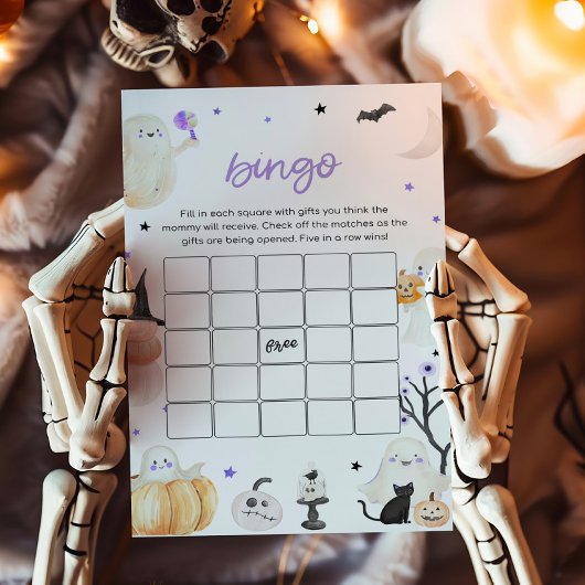 Paarse Halloween Little Boo Baby shower Bingo spel
