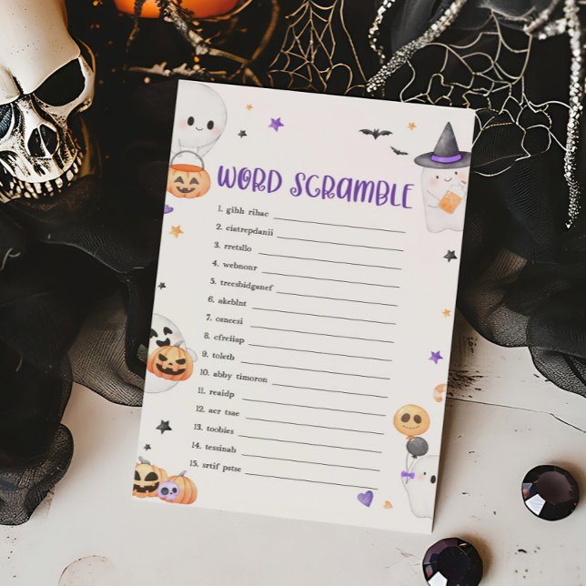 Paarse Halloween Little Boo Word Scramble Game (Baby is Brewing Baby Shower Word Scramble Game)