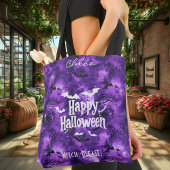Paarse Halloween met vliegende vleermuizen en heks Tote Bag