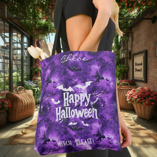 Paarse Halloween met Vliegende Vleermuizen en Heks Tote Bag