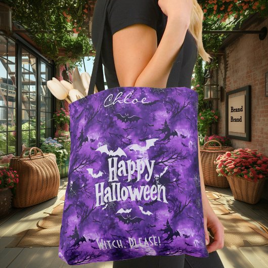 Paarse Halloween met vliegende vleermuizen en heks Tote Bag