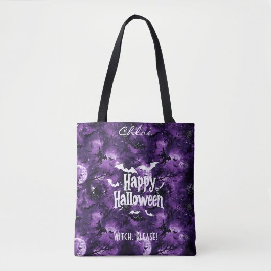 Paarse Halloween met vliegende vleermuizen en heks Tote Bag (Voorkant)