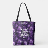 Paarse Halloween met vliegende vleermuizen en heks Tote Bag (Achterkant)