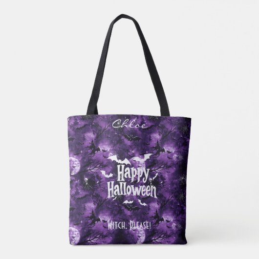 Paarse Halloween met vliegende vleermuizen en heks Tote Bag (Achterkant)