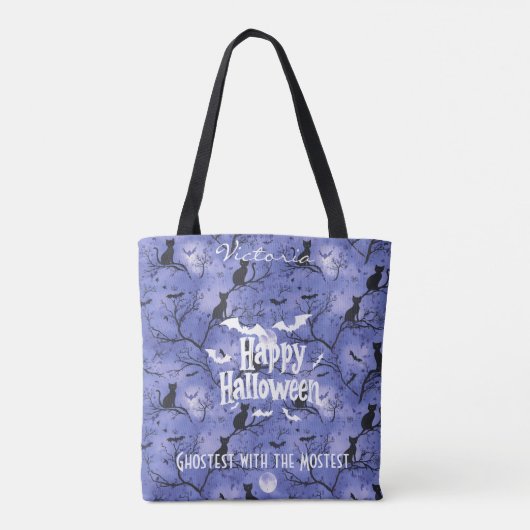 Paarse Halloween met zwarte katten en vleermuizen Tote Bag (Achterkant)