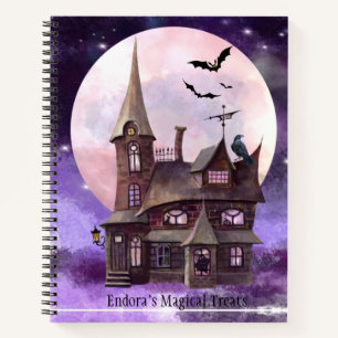 Paarse Halloween Oude Huis Vleermuizen Volle Maan  Notitieboek