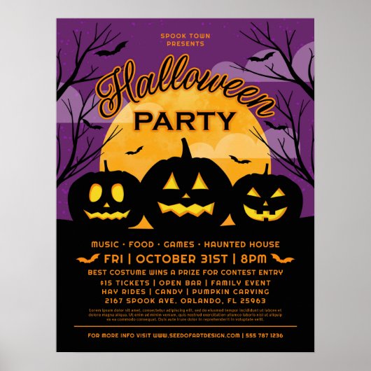 Paarse Halloween Party Black Pumpkins Event Poster (Voorkant)