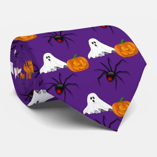 Paarse Halloween Patroon Spook Spin Spider Pompoen Stropdas (Opgerold)
