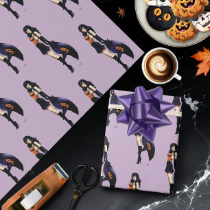 Paarse Halloween Schattigee heks Cadeaupapier