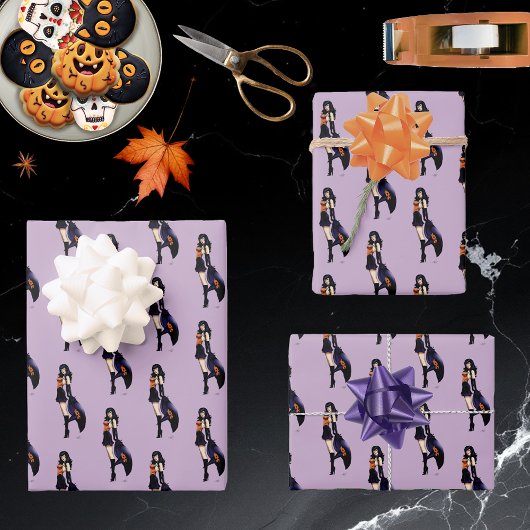 Paarse Halloween Schattigee heks Inpakpapier Vel