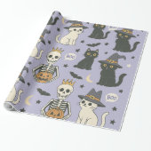 Paarse Halloween Skeletten, Heksenkatten & Pompoen Cadeaupapier (Uitgerold)