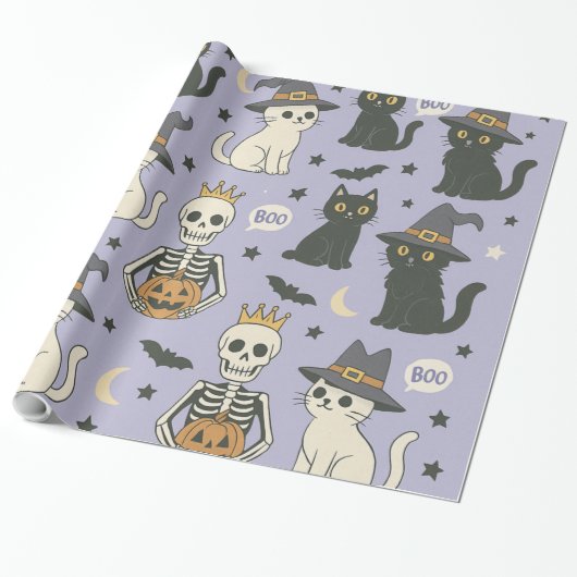 Paarse Halloween Skeletten, Heksenkatten & Pompoen Cadeaupapier (Uitgerold)