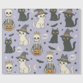 Paarse Halloween Skeletten, Heksenkatten & Pompoen Cadeaupapier (Vlak)
