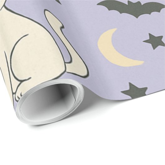 Paarse Halloween Skeletten, Heksenkatten & Pompoen Cadeaupapier (Rol Hoek)