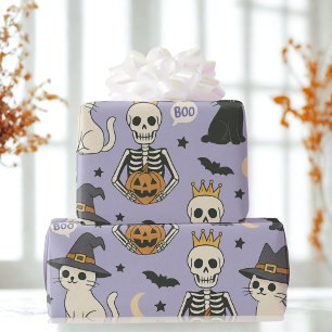 Paarse Halloween Skeletten, Heksenkatten & Pompoen Cadeaupapier