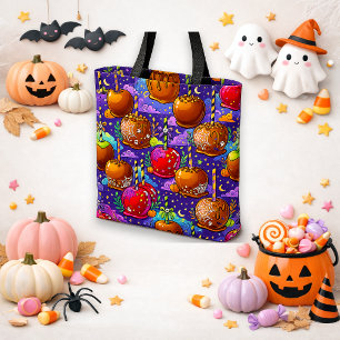Paarse Halloween Snoepappel Trick-or-Treat Tote Bag