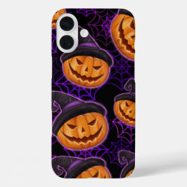 PAARSE HALLOWEEN SPINNENWEBBEN EN ORANJE POMPOENEN iPhone 16 PLUS HOESJE