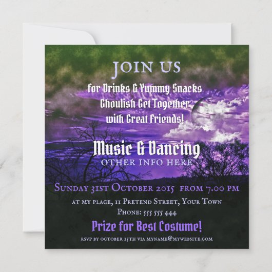 Paarse Halloween-uitnodigingen met maan en wolken Kaart (Achterkant)