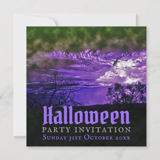 Paarse Halloween-uitnodigingen met maanwolken Kaart (Voorkant)