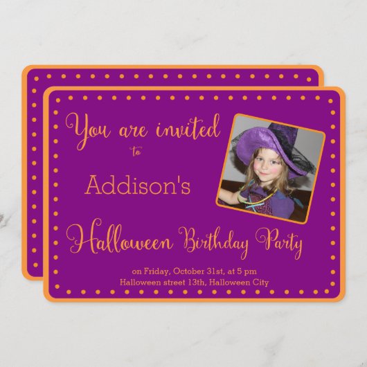 Paarse Halloween verjaardagsfeest uitnodigingskaar Kaart (Voorkant / Achterkant)