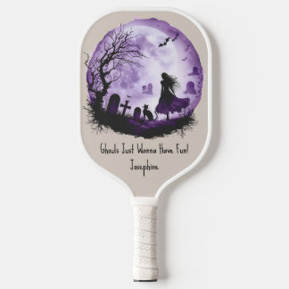 Paarse Halloween Witch Black Cat Graveyard Bats Pickleball Paddle