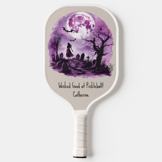 Paarse Halloween Witch Black Cat Graveyard Moon Pickleball Paddle (Achterkant)