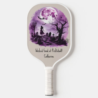 Paarse Halloween Witch Black Cat Graveyard Moon Pickleball Paddle