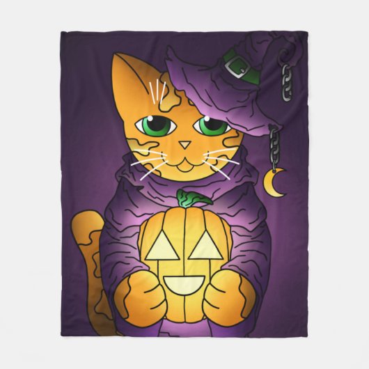 Paarse Halloween Witch Cat Fleece Blanket (Voorkant)