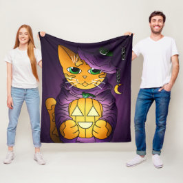 Paarse Halloween Witch Cat Fleece Blanket Deken