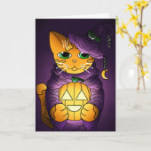 Paarse Halloween Witch Cat Kaart (Gele Bloem)