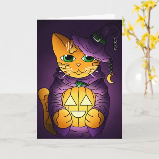 Paarse Halloween Witch Cat Kaart (Gele Bloem)