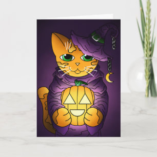 Paarse Halloween Witch Cat Kaart