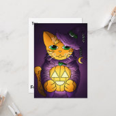 Paarse Halloween Witch Cat Kaart (Voorkant / Achterkant in situ)