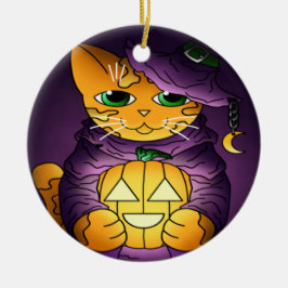 Paarse Halloween Witch Cat Keramisch Ornament