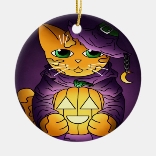 Paarse Halloween Witch Cat Keramisch Ornament (Voorkant)