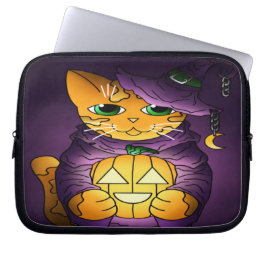Paarse Halloween Witch Cat Laptop Sleeve