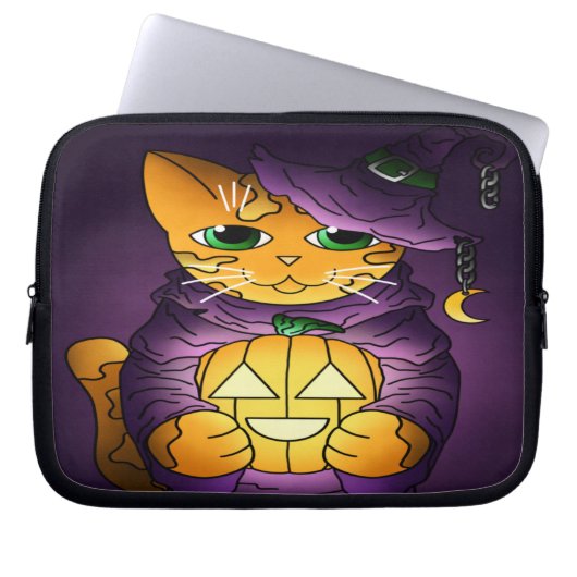 Paarse Halloween Witch Cat Laptop Sleeve (Voorkant)