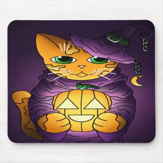 Paarse Halloween Witch Cat Muismat (Voorkant)