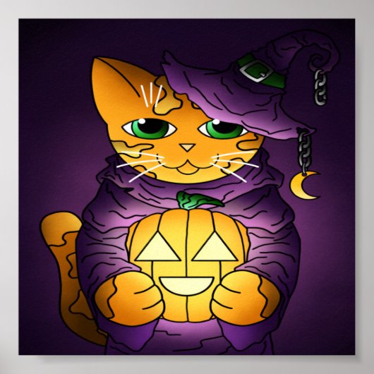 Paarse Halloween Witch Cat Poster (Voorkant)