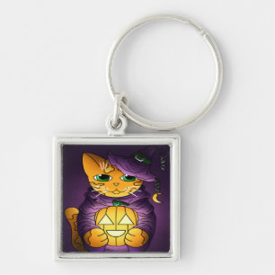 Paarse Halloween Witch Cat Sleutelhanger