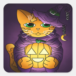 Paarse Halloween Witch Cat Vierkante Sticker