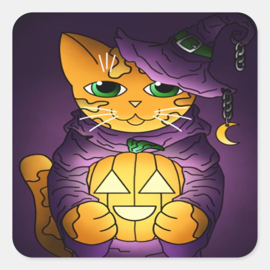 Paarse Halloween Witch Cat Vierkante Sticker (Voorkant)