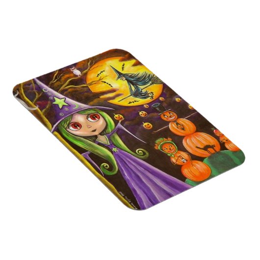 Paarse Halloween Witch Juggling Pumpkins Big Eyes Magneet (Rechterzijde)