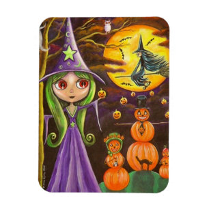 Paarse Halloween Witch Juggling Pumpkins Big Eyes Magneet