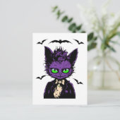 Paarse Halloweenkat met vleermuizen Briefkaart (Staand voorkant)
