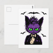 Paarse Halloweenkat met vleermuizen Briefkaart (Voorkant / Achterkant)